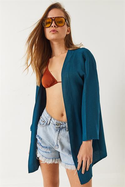 Kadın Keten Dokulu Kısa Basic Kimono 60261496 - Petrol
