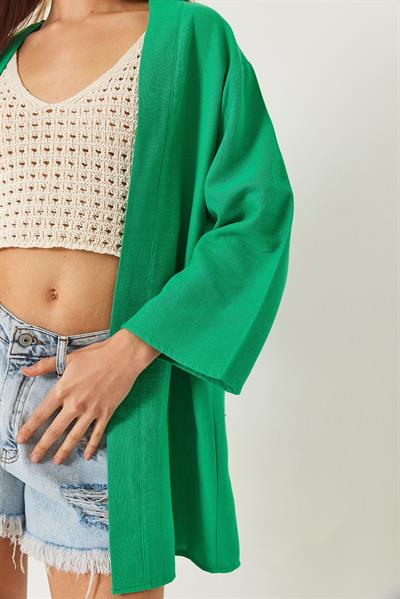 Kadın Keten Dokulu Kısa Basic Kimono 60261496 - Yeşil