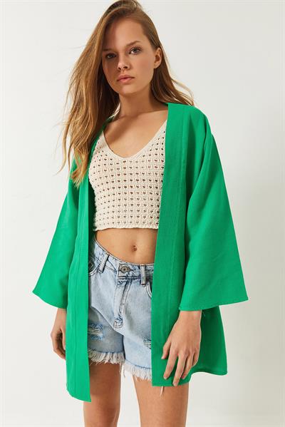 Kadın Keten Dokulu Kısa Basic Kimono 60261496 - Yeşil