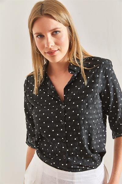 Kadın Kol Katlamalı Puantiyeli Viskon Gömlek 40841014 - Siyah