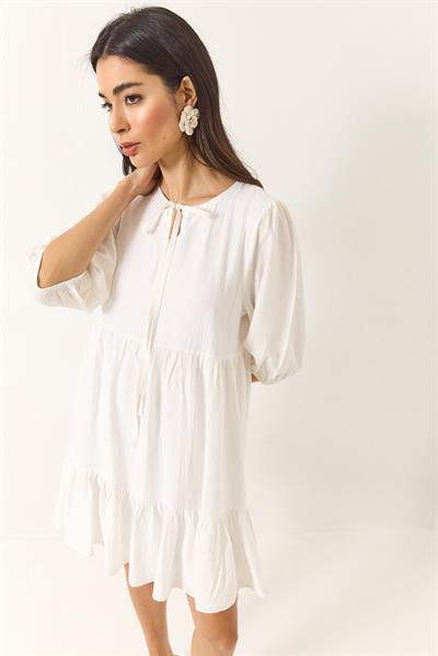 Kadın Kol Lastikli Yaka Bağlamalı Astarlı Kısa Elbise 5500 60281034 - Beyaz