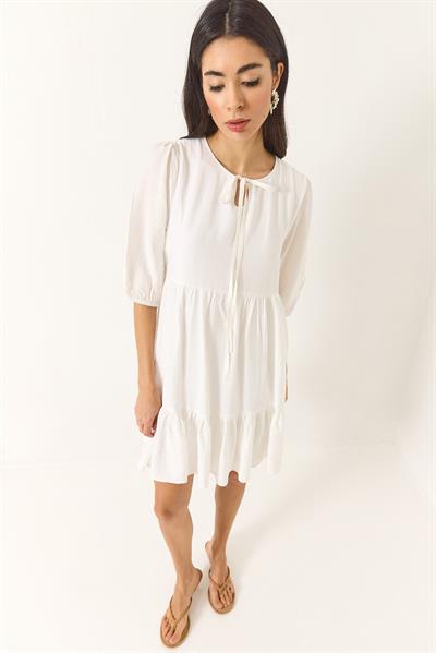 Kadın Kol Lastikli Yaka Bağlamalı Astarlı Kısa Elbise 5500 60281034 - Beyaz