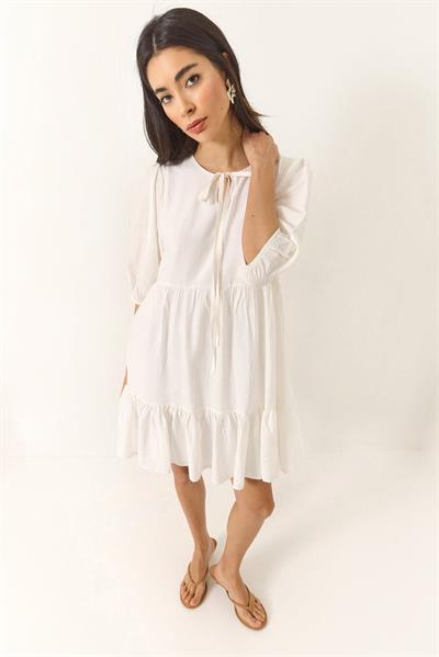 Kadın Kol Lastikli Yaka Bağlamalı Astarlı Kısa Elbise 5500 60281034 - Beyaz