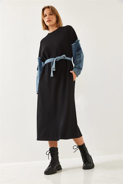 Kadın Kolları Denim Detaylı Elbise 8083 60351247 - Siyah