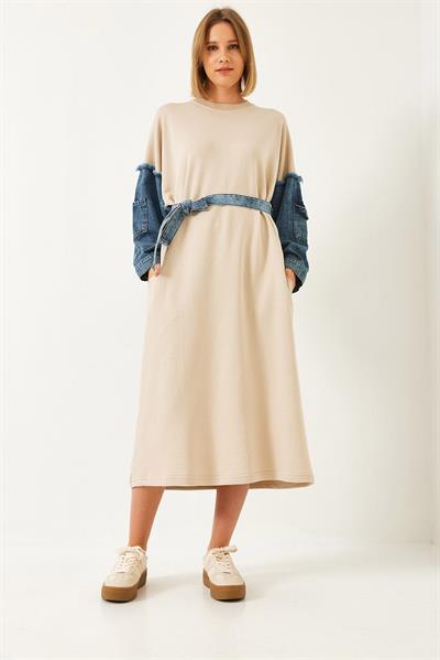 Kadın Kolları Denim Detaylı Elbise 8083 60351247 - Bej