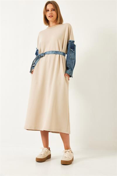 Kadın Kolları Denim Detaylı Elbise 8083 60351247 - Bej