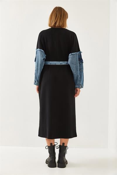 Kadın Kolları Denim Detaylı Elbise 8083 60351247 - Siyah