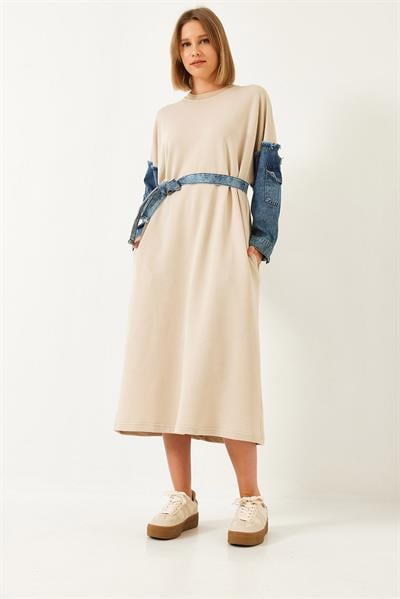 Kadın Kolları Denim Detaylı Elbise 8083 60351247 - Bej