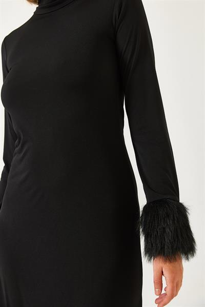 Kadın Kolları Peluş Detay Basic Uzun Elbise 60261135 - Siyah