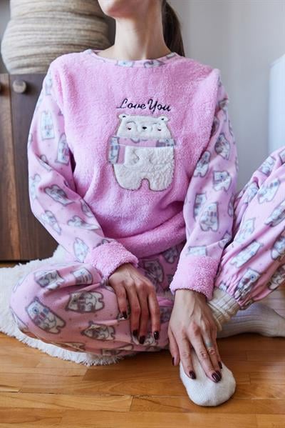 Kolları Peluş Detaylı Yumoş Pijama Takımı 60261124 - Pembe