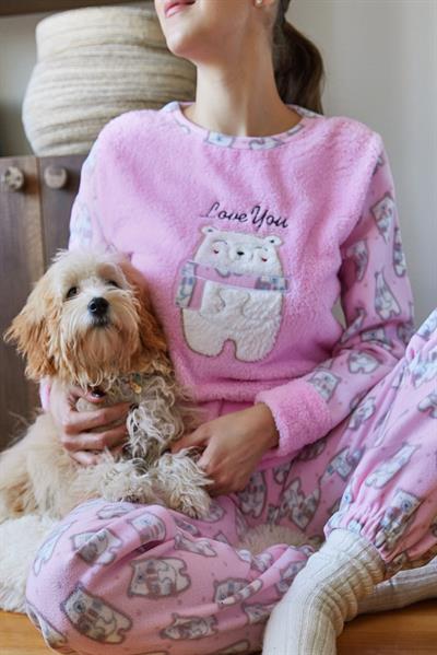 Kolları Peluş Detaylı Yumoş Pijama Takımı 60261124 - Pembe