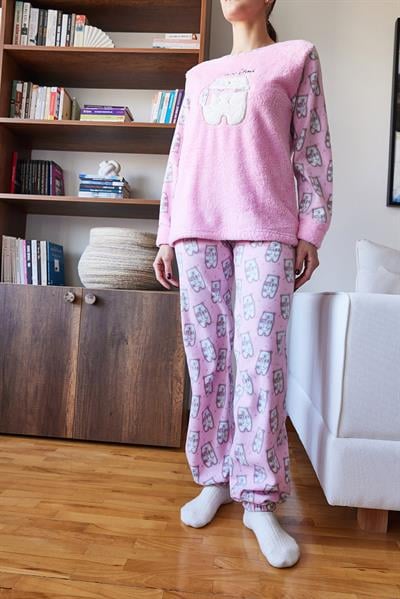 Kolları Peluş Detaylı Yumoş Pijama Takımı 60261124 - Pembe