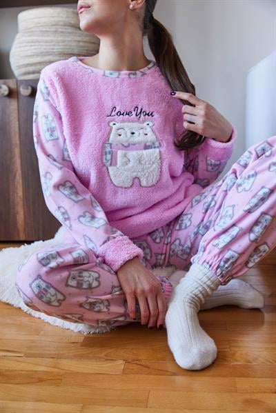 Kolları Peluş Detaylı Yumoş Pijama Takımı 60261124 - Pembe