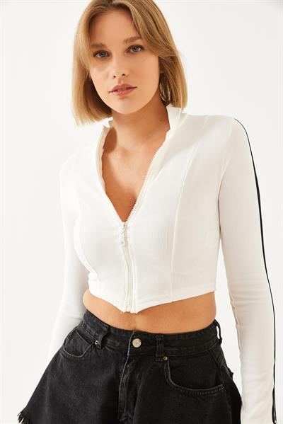 Kadın Kolları Şeritli Crop Hırka 2171 60351077 - Beyaz