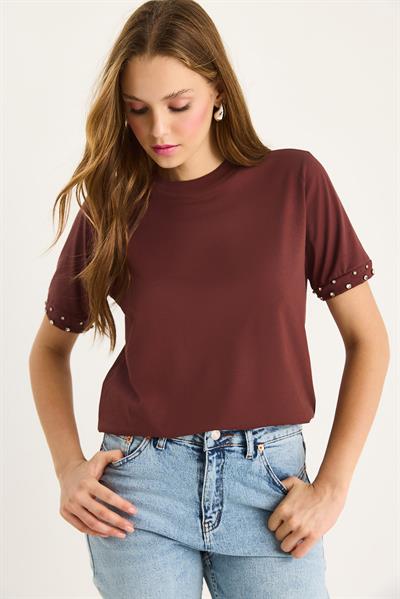 Kadın Kolları Taş İşlemeli Tshirt 60602002 - Kahve