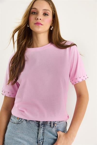 Kadın Kolları Taş İşlemeli Tshirt 60602002 - Pembe