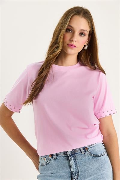 Kadın Kolları Taş İşlemeli Tshirt 60602002 - Pembe