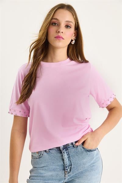 Kadın Kolları Taş İşlemeli Tshirt 60602002 - Pembe
