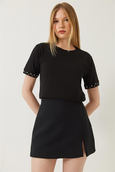 Kadın Kolları Taş İşlemeli Tshirt 60602002 - Siyah