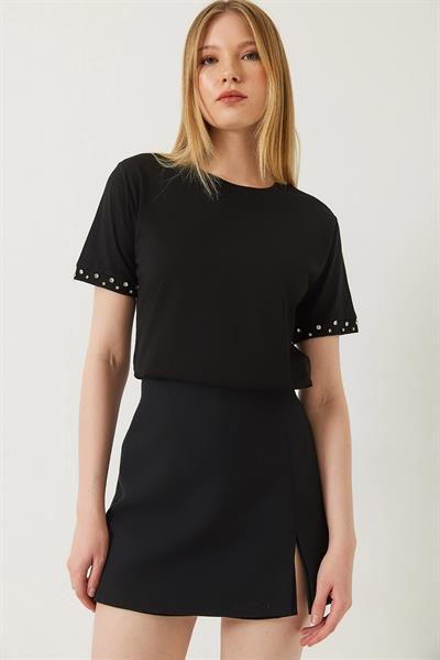 Kadın Kolları Taş İşlemeli Tshirt 60602002 - Siyah