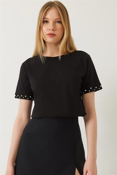 Kadın Kolları Taş İşlemeli Tshirt 60602002 - Siyah