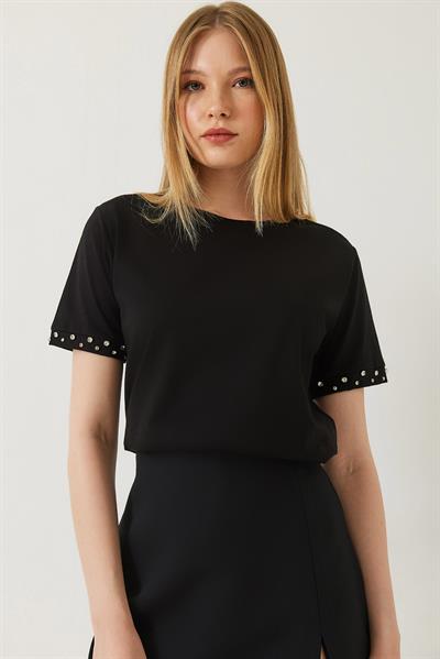 Kadın Kolları Taş İşlemeli Tshirt 60602002 - Siyah