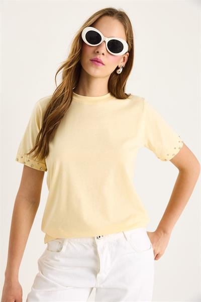 Kadın Kolları Taş İşlemeli Tshirt 60602002 - Tereyağ