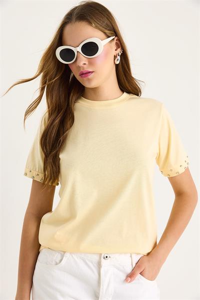 Kadın Kolları Taş İşlemeli Tshirt 60602002 - Tereyağ