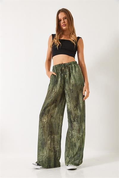 Kadın Kontrast Geçişli Cep Detaylı Wide Leg Pantolon 60440-2 60271056 - Yeşil