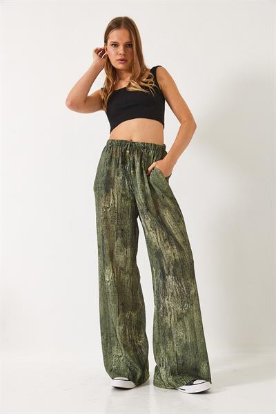 Kadın Kontrast Geçişli Cep Detaylı Wide Leg Pantolon 60440-2 60271056 - Yeşil