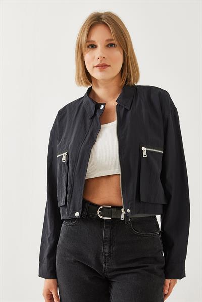 Kadın Körük Cepli Paraşüt Kumaş Crop Ceket 2403 60351152 - Siyah