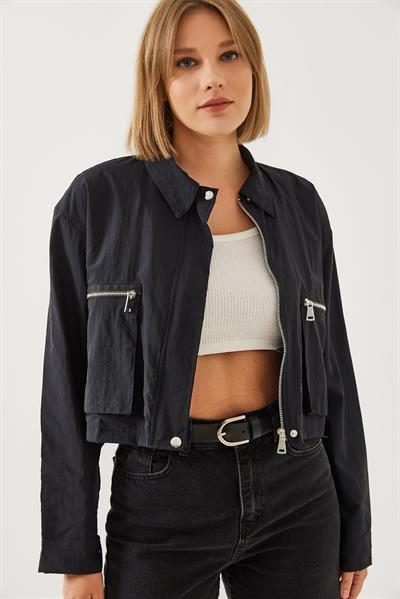 Kadın Körük Cepli Paraşüt Kumaş Crop Ceket 2403 60351152 - Siyah