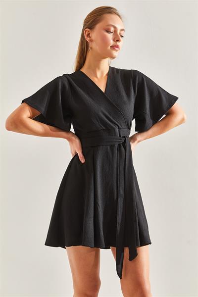 Kadın Kruvaze Yaka Bağlamalı Şortlu Elbise 60171009 - Siyah