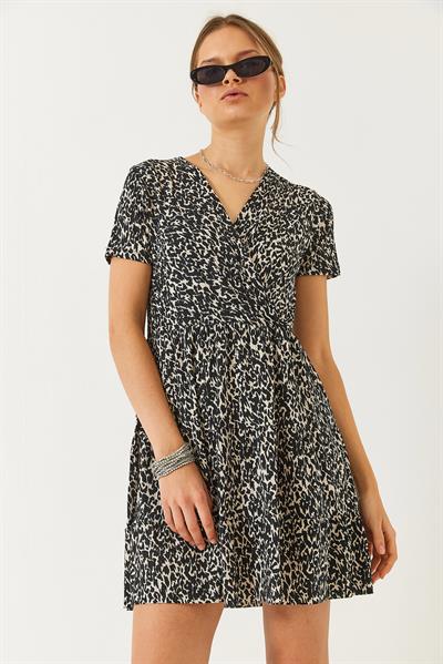 Kadın Kruvaze Yaka Desenli Kısa Kollu Mini Elbise 60261470 - Siyah