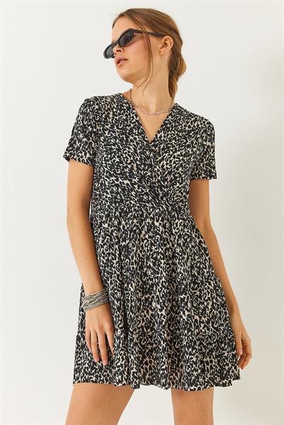 Kadın Kruvaze Yaka Desenli Kısa Kollu Mini Elbise 60261470 - Siyah