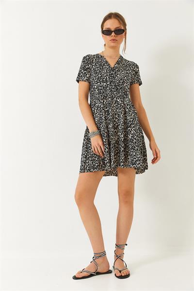 Kadın Kruvaze Yaka Desenli Kısa Kollu Mini Elbise 60261470 - Siyah