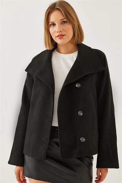 Kruvaze Yaka Düğmeli Kaşe Ceket 1106 60251924 - Siyah