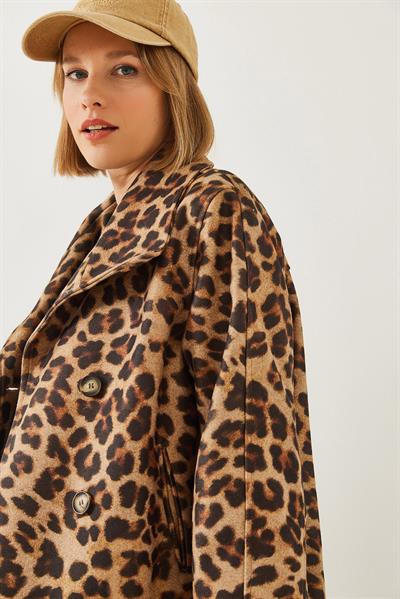 Kruvaze Yaka Düğmeli Kaşe Ceket 1106 60251924 - Siyah-Camel