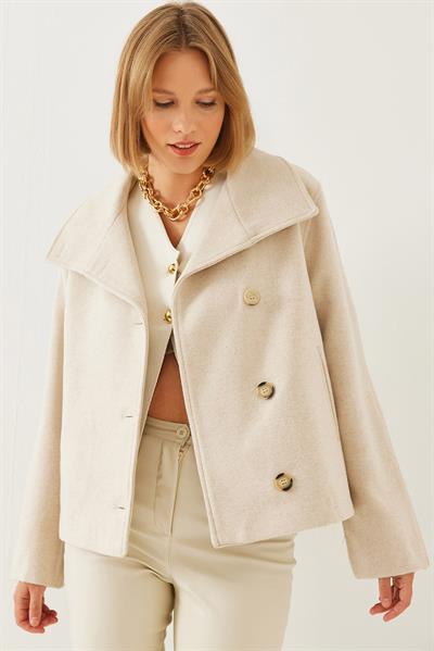 Kruvaze Yaka Düğmeli Kaşe Ceket 1106 60251924 - Bej