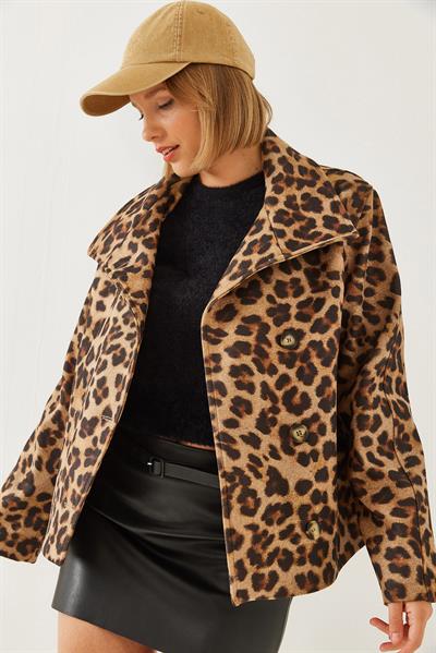 Kruvaze Yaka Düğmeli Kaşe Ceket 1106 60251924 - Siyah-Camel