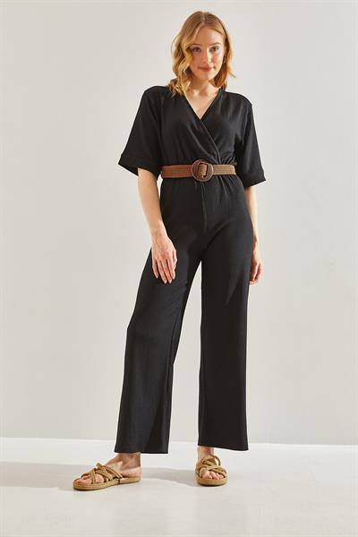 Kadın Kruvaze Yaka Kemerli Tulum 60221027 - Siyah