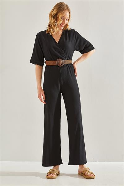 Kadın Kruvaze Yaka Kemerli Tulum 60221027 - Siyah