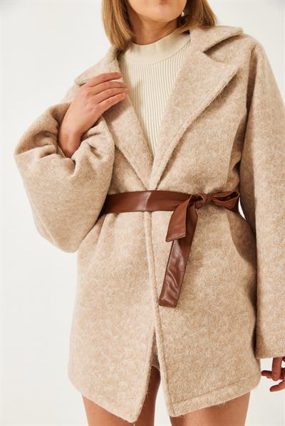 Kruvaze Yaka Kuşaklı Astarlı Kaşe Ceket 60261241 - Bej