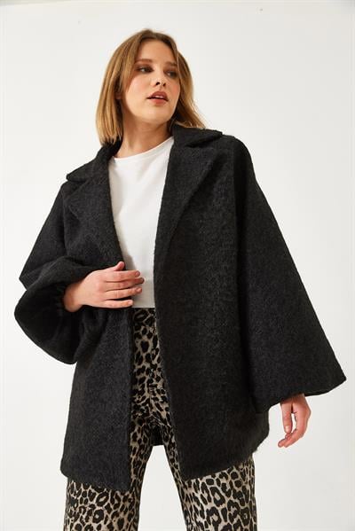 Kruvaze Yaka Kuşaklı Astarlı Kaşe Ceket 60261241 - Siyah
