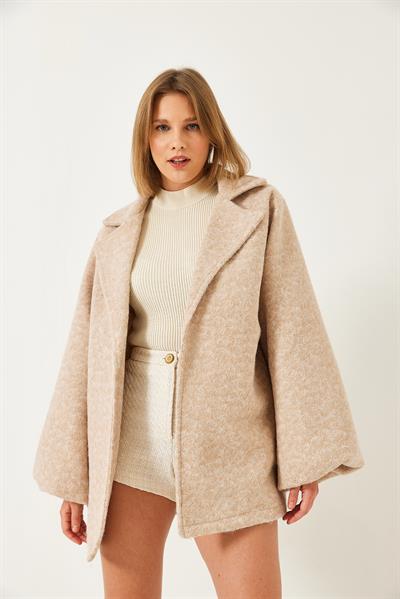 Kruvaze Yaka Kuşaklı Astarlı Kaşe Ceket 60261241 - Bej
