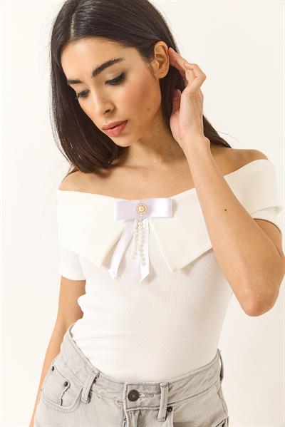 Kadın Kurdele Detaylı Manonnda Yaka Bluz 949 60283232 - Beyaz