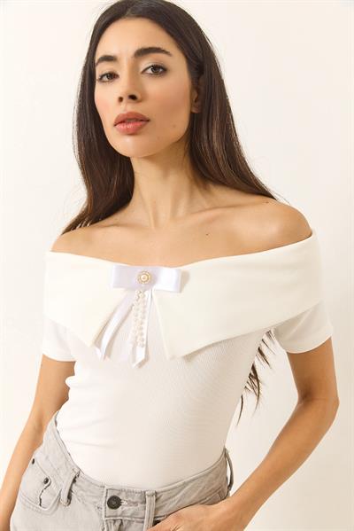 Kadın Kurdele Detaylı Manonnda Yaka Bluz 949 60283232 - Beyaz