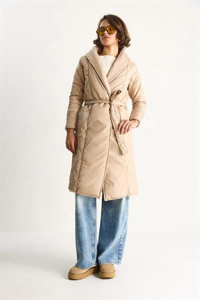 Kuşaklı Şal Yaka Kapitone Kaban 60283538 - Krem