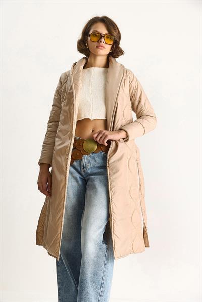 Kuşaklı Şal Yaka Kapitone Kaban 60283538 - Krem