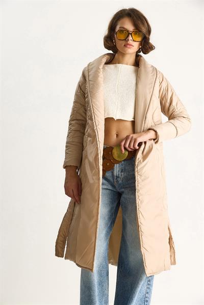 Kuşaklı Şal Yaka Kapitone Kaban 60283538 - Krem